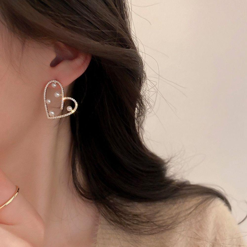 Mxbeauty Wanita Anting Berlian Imitasi Atmosfer Pesta Perhiasan Hadiah Indah Aksesoris Telinga Mutiara Hati Stud Earrings