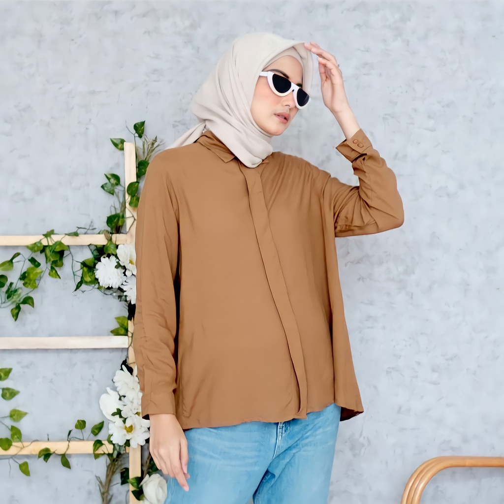Baju Kemeja Polos Wanita Lengan Panjang Bahan Katun Rayon