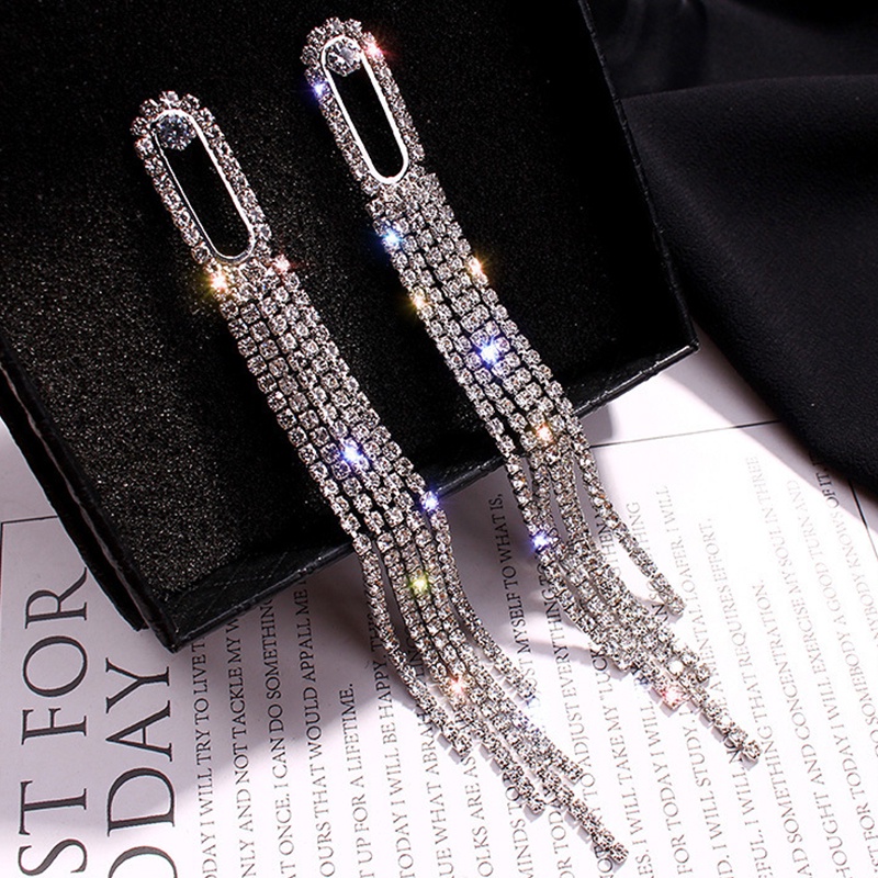 Gold and Silver Rectangle Hollow Geometric Long Tassel Rhinestone Stud Earrings