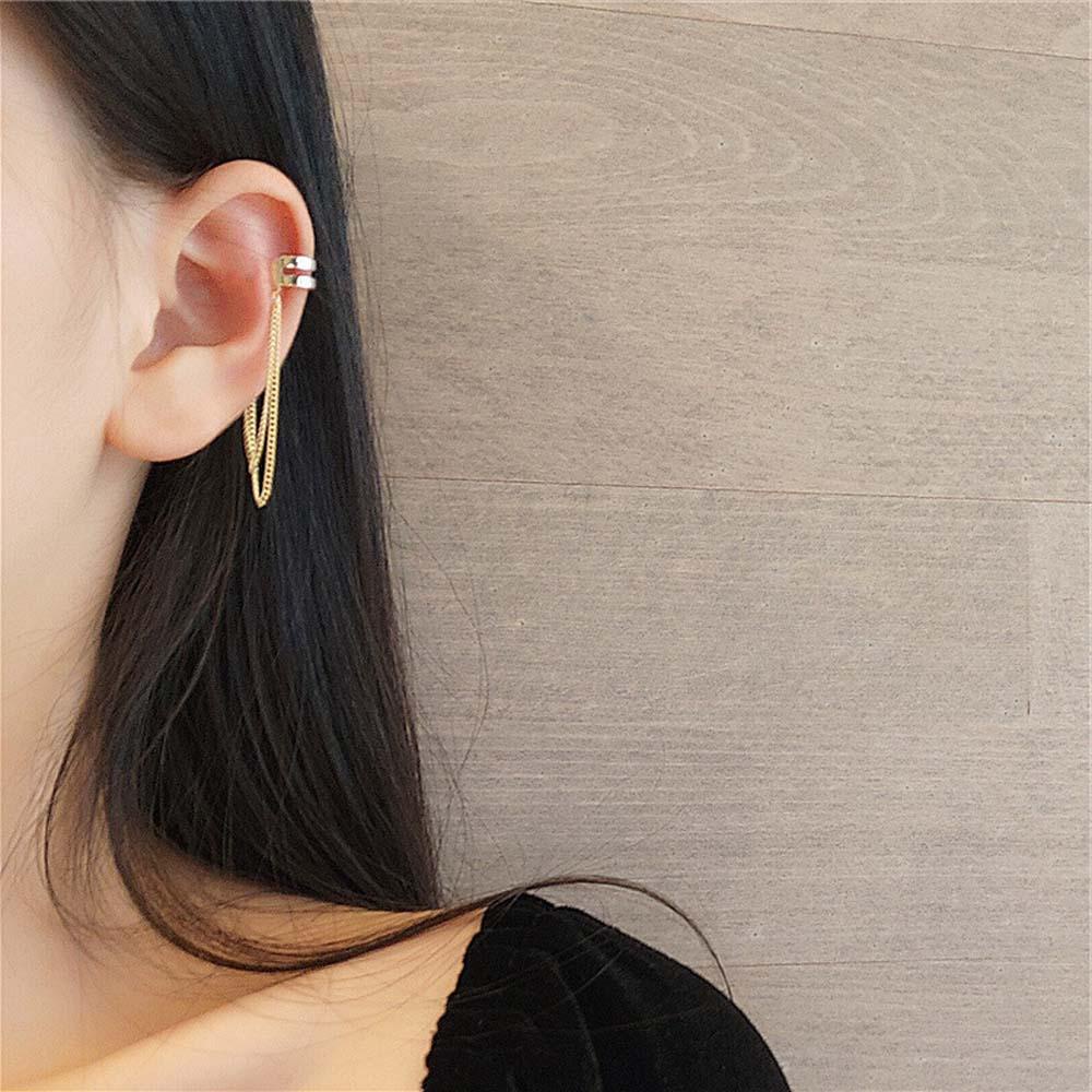 Anting Klip Agustinina Temperamen Emas Rumbai Panjang Multilayer Tanpa Tindik Alloy Hook Clip