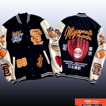 Top Produk.. JACKET VARSITY MIYAMOTO PRIA TERBARU JAKET SKULLEND FULL KATUN MOTIF SABLON JAKET VARSI
