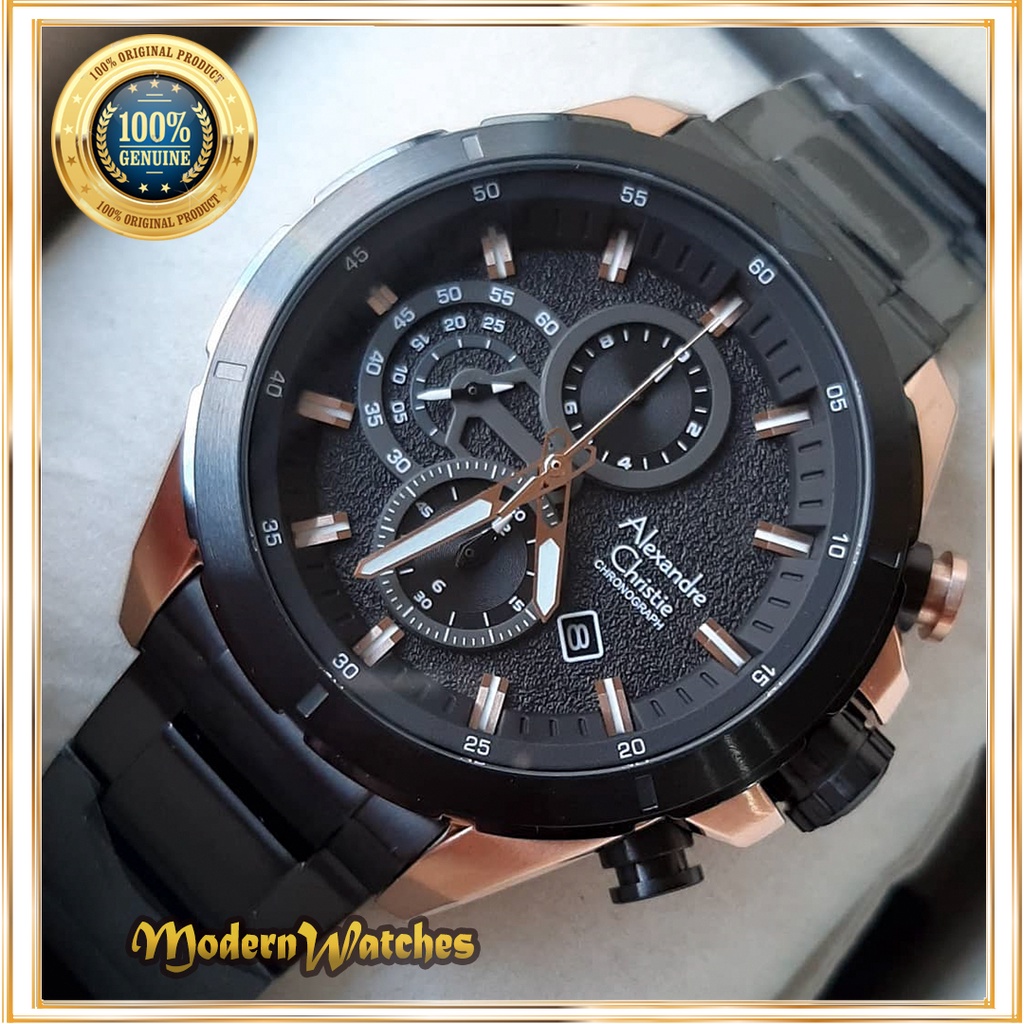 Jam Tangan Ori Pria Alexandre Christie AC 6508 Hitam Rosegold Black Sport Rantai Alexander Keren