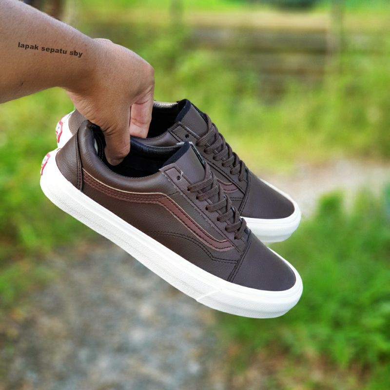 Sepatu Casual Pria Vans Old Skool Leather Kulit PREMIUM BNIB Coklat Tua