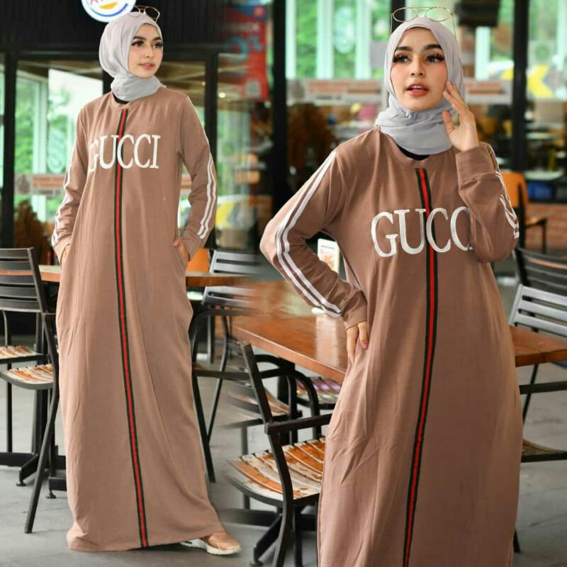 Gucci Maxy warna coklat biru dongker NAVY CHOCO gamis dress bahan Babyterry ukuran big size xxl jumb