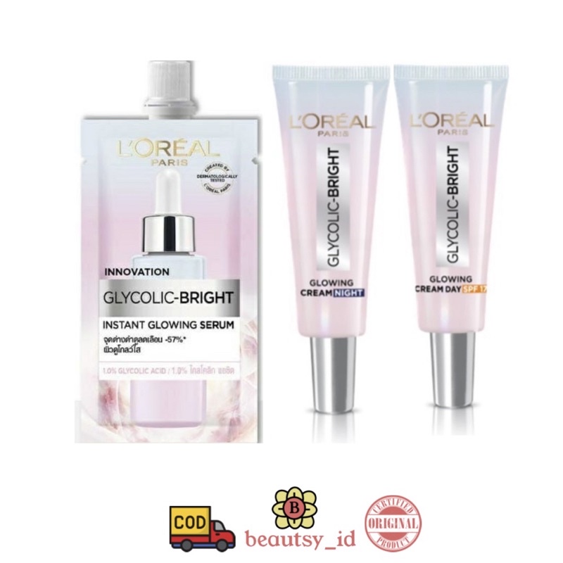 Loreal Glycolic Bright Serum Day Night Cream 7,5 ml - Krim Siang Malam Sachet L’oreal Paris 7..5ml Original BPOM COD