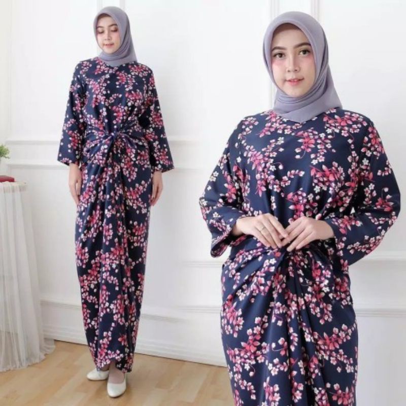 Kaftan Ikat Motif Bunga Sakura Maxmara Lux Simpel Elegant - Navy