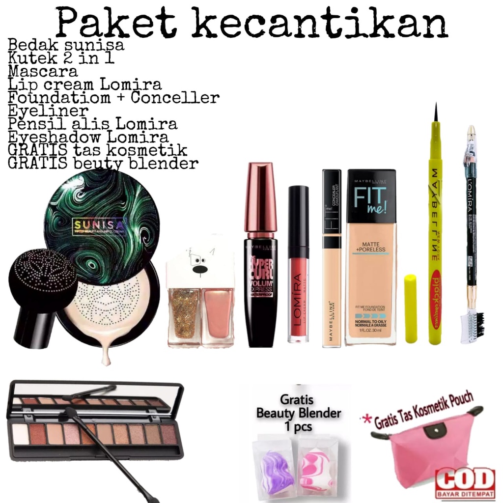 Paket kosmetiik wanita maybelline murah lengkap promo super hemat make up 1 set 9 in 1 / maybelline fit me 2 in 1 - bedak sunisha - kutek 2 in 1 - mascara - eyeliner - lip cream - pensil alis lomira - eyeshadow lomira - GRATIS tas kosmetik beuty blen