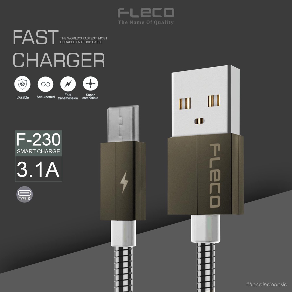 Kabel Data Usb Fleco Metal 100cm  F-230 Fast Charging Aluminium Micro Iphone Type C Cable Fast Charger Qualcomm QC 3.0A