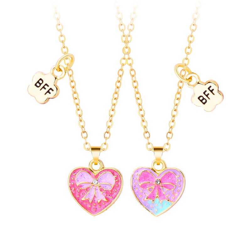 2pcs / Set Kalung Rantai Dengan Liontin Butterfly Hati Warna Pink Biru Untuk Hadiah Persahabatan