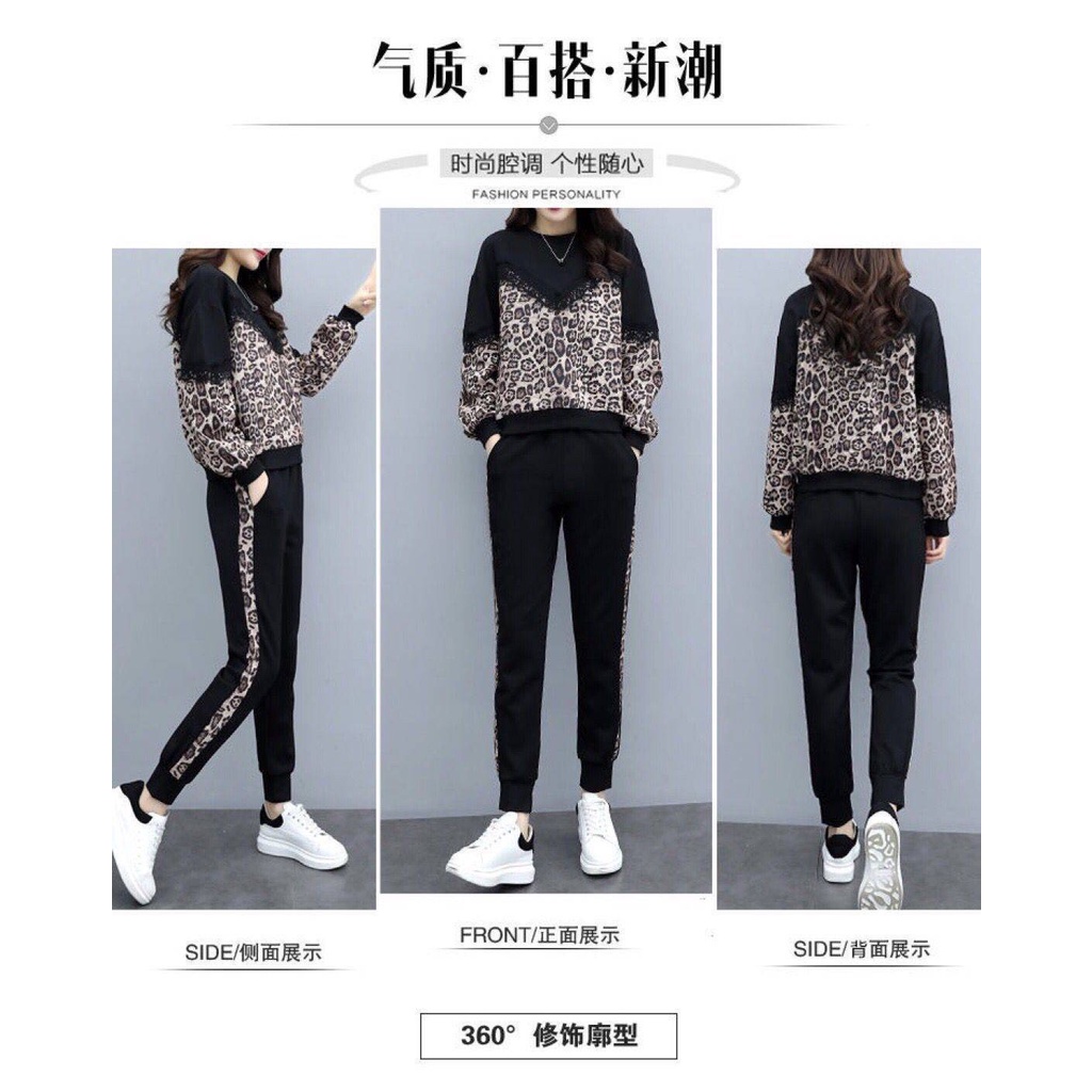 Unique Setelan Wanita Leopard Bunga Print Blus T-Shirt Renda Lengan Panjang + Celana Panjang 2Pcs Set Wear