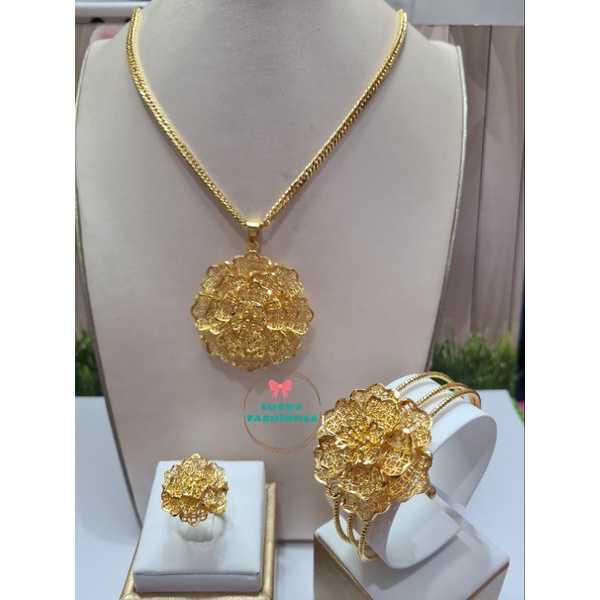 SET KALUNG, GELANG &amp; CINCIN BUNGA KENDARI LAPIS EMAS