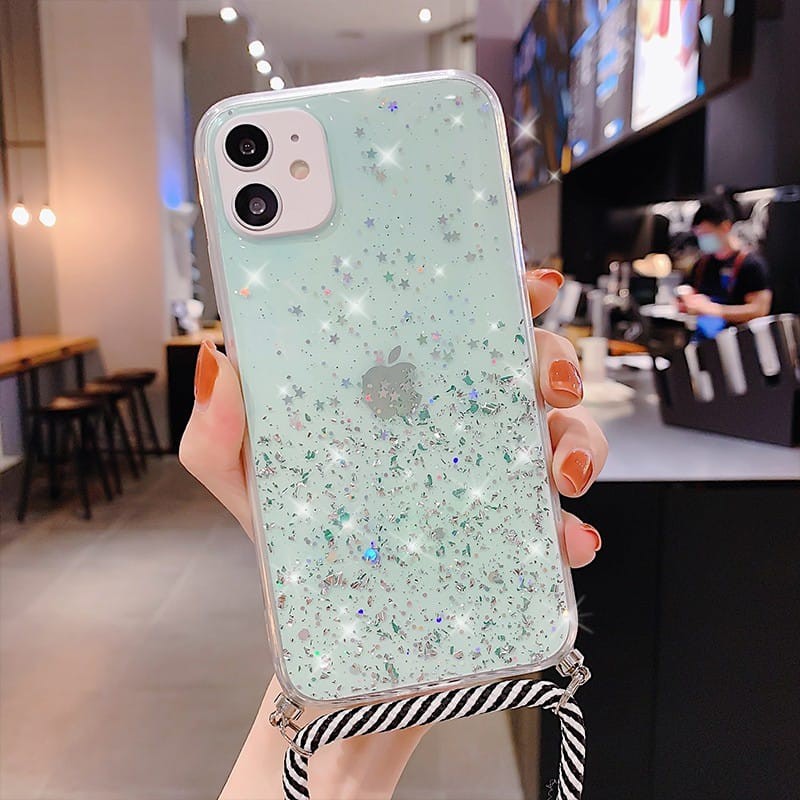 SO Casing Softcase iphone 6 7/8 xr x xs 11pro 12 dll Transparan Aksen Glitter Dengan Tali Lanyard