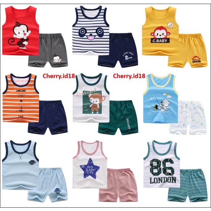 Cherry COD Setelan Bayi Tanpa Lengan / Setelan Kaos Anak Kutung / Singlet Bayi Import STL01