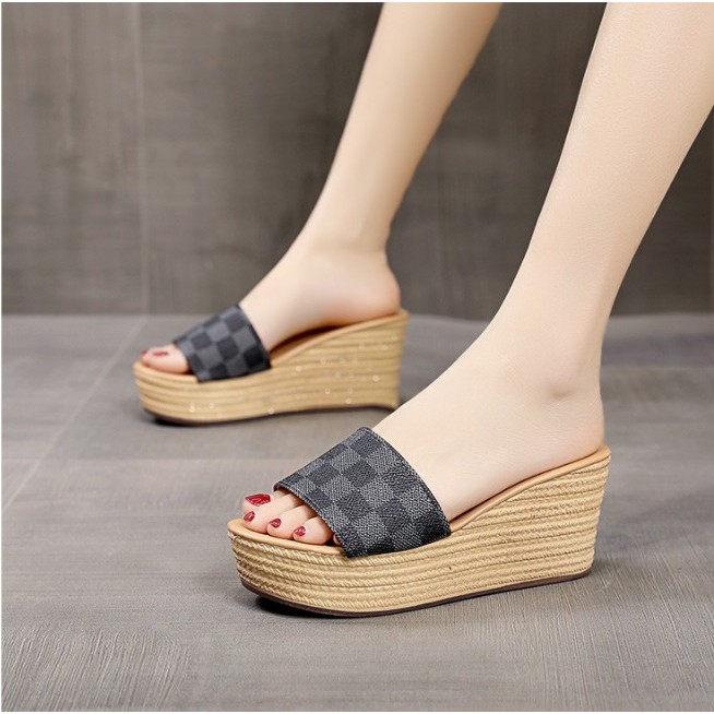 RYX - Plaid Slipges Sandal Pump Wedges Fashion Casual - Ori Import