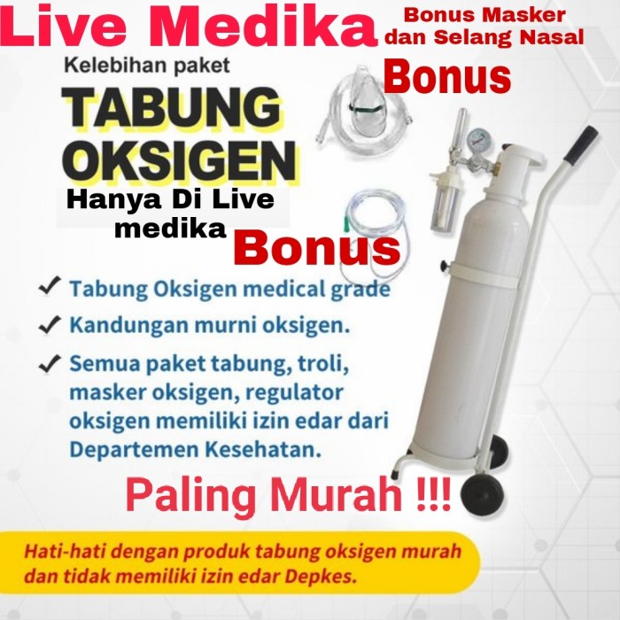 Jual tabung oksigen 1m3 set lengkap tinggal pakai/Tabung Oksigen Medis