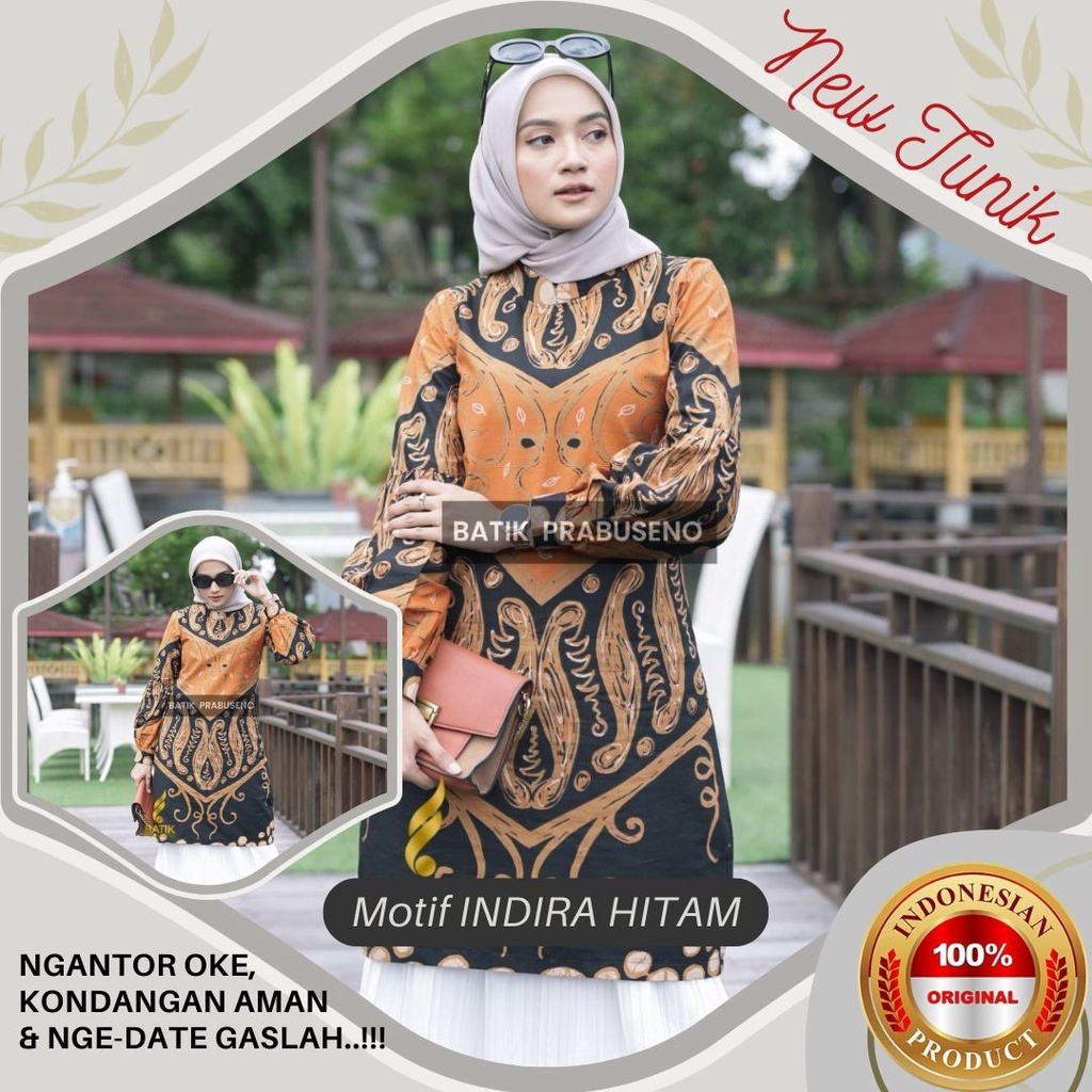 Batik Prabuseno Tunik Atasan Baju Wanita Lengan Panjang Motif INDIRA HITAM Kemeja Kerja Kantoran Blazer Modern Original Katun Premium Dress Seragam Formal Couple Kondangan Model Terbaru Pakaian Muslimah Dewasa Hijab Eksklusif Kekinian Aceh JAMBI MAKASAR