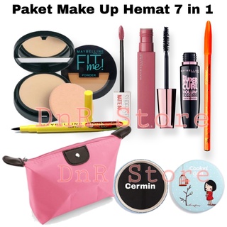 Image of Paket make Up Maybelline Hemat 7 in 1 - Bedak - Maskara - Lipcream - Eyeliner - Pensil Alis - Cermin - Tas Make Up