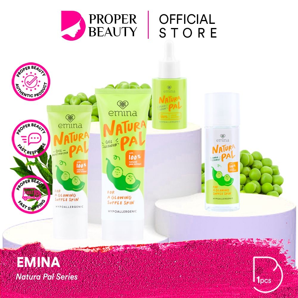 EMINA Natura Pal Series Indonesia / Gel Cleanser Toner Essence Splash Serum Moisturizer / Facial Wash Face Scrub Micellar Water Mist Day Night Eye Cream Sunscreen Sheet Clay Mask Masker Lip Tint / Bright Stuff Ms Pimple Acne Sun Protection Battle Paket