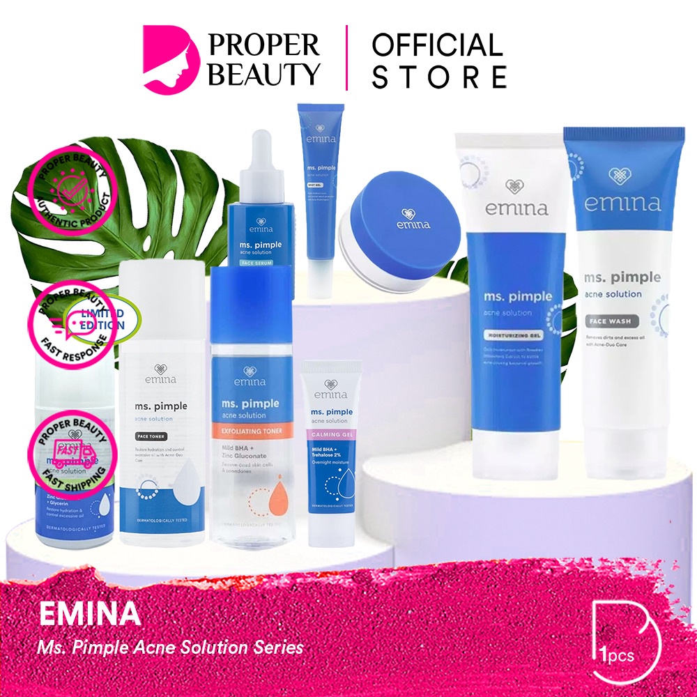 EMINA Ms. Pimple Acne Solution Series Indonesia / Facial Wash Face Scrub Micellar Water Essence Toner Mist Serum Day Night Eye Cream Sunscreen Sheet Clay Mask Masker Moisturizing Lip Tint Matte Gloss / Bright Stuff Sun Protection Battle Spf Gel Paket Glow