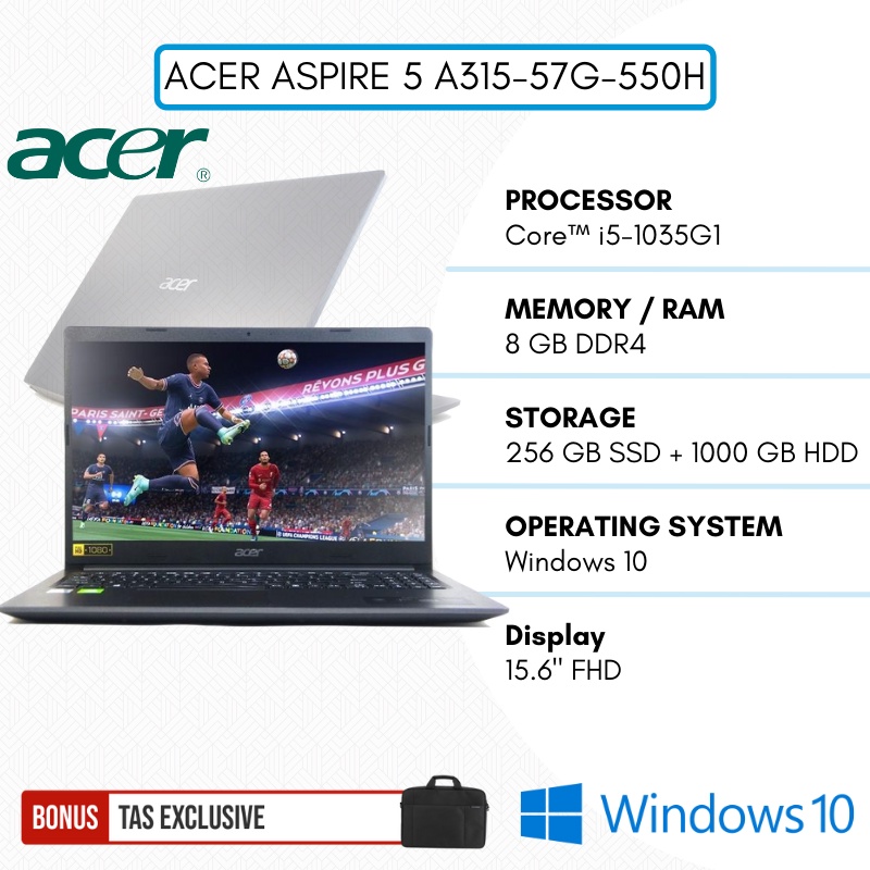 LAPTOP GAMING MURAH !! ACER A315 57G 550H CORE i5 GEN 10 8 GB RAM 256 GB SSD + 1 TB HDD FREE INSTAL WINDOWS 10 - TEKNO KITA