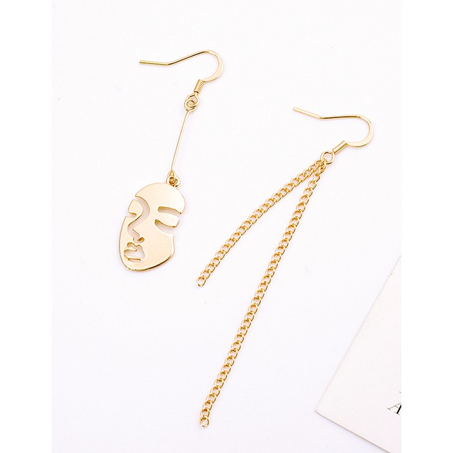 LRC Anting Gantung Fashion Gold Face Tassel Asymmetrical Earrings F94069