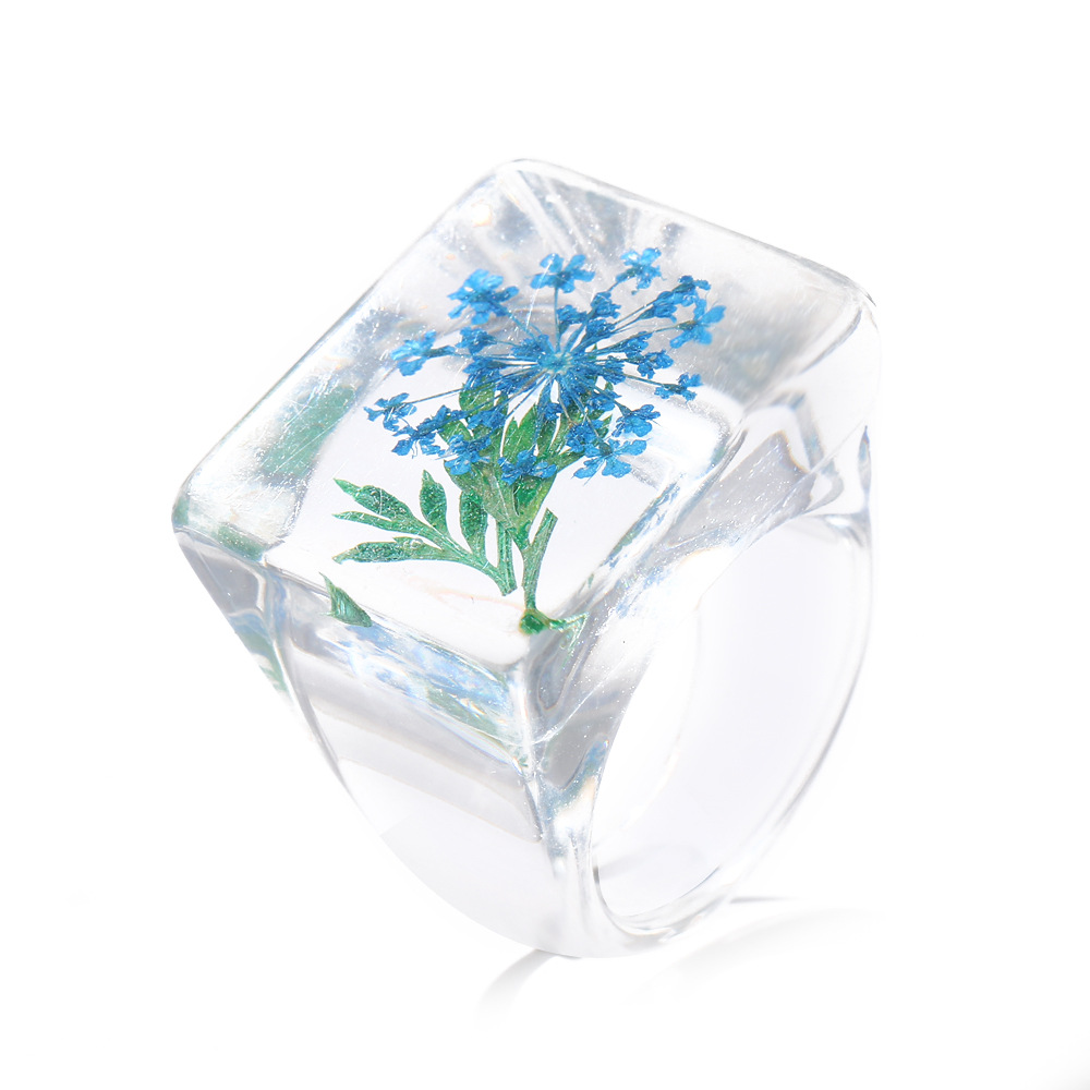 Amber transparent square ring female personality simple immortal flower cross-border ring finger ring