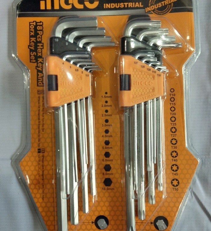 KUNCI L PANJANG KOMBINASI HEX BINTANG &amp; BIASA 18 Pcs INGCO HHKSET0181