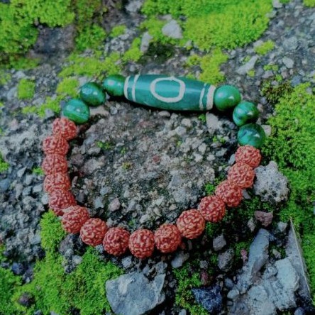 Gelang Batu Dzi Tibet Dengan Batu Green Tiger Eye Dan Batu Rudraksa