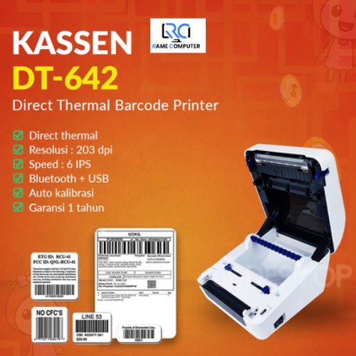 Printer Barcode Kassen DT-642 DT642 Cetak Label Thermal USB Bluetooth