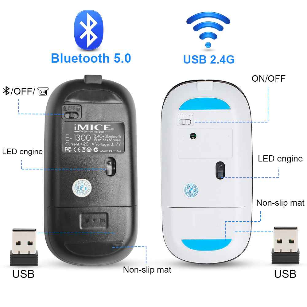 iMICE E-1300 1600 DPI 4 Buttons Recharge Bluetooth 2.4G Wireless Mouse