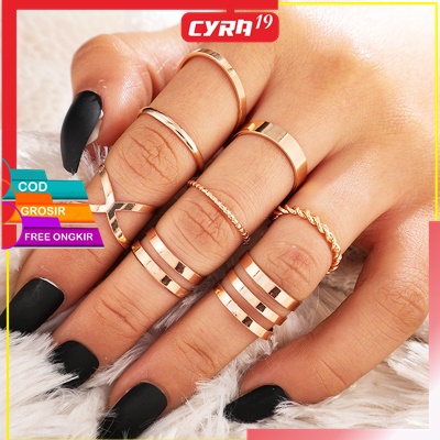 [Cyra-03]Set Cincin Rantai Emas Model Terbuka Gaya Retro Korea