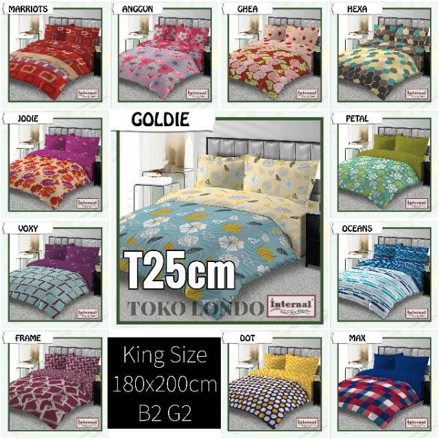 Sprei INTERNAL King Size uk 180x200 x T25 Tinggi 25 cm 100% FULL KATUN MURAH Agnes Alba Amaris Anggun Ariel Bella Clary Dot Frame Irene Goldie Hexa Marriot Max Jodie Java Juan Julian Patricia Palm Petal Rafa Ronan Rustic Tania Vista Voxy