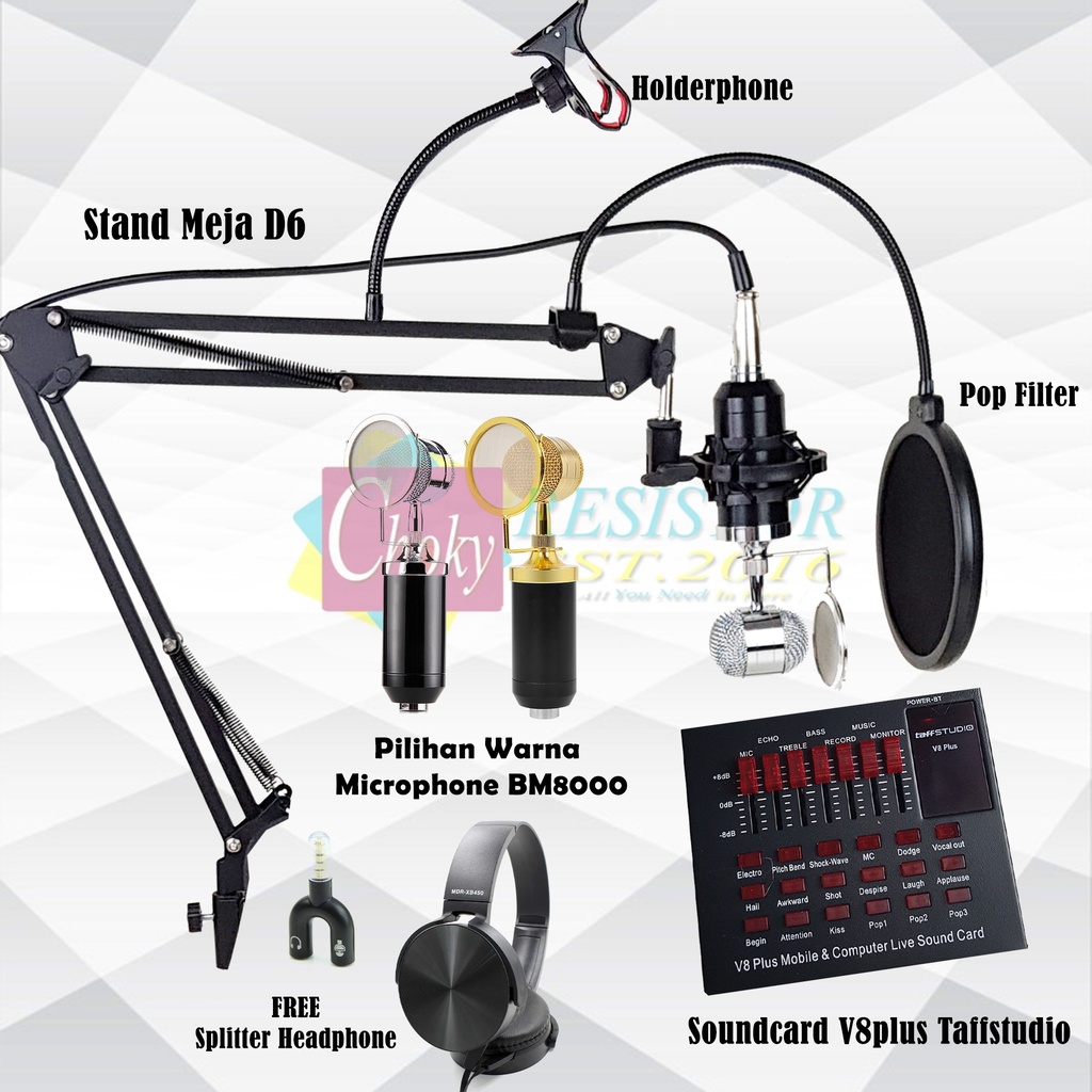 Paket Lengkap Full Set Microphone Condenser BM8000 dan Soundcard V8Plus FREE HEADPHONE Holdephone
