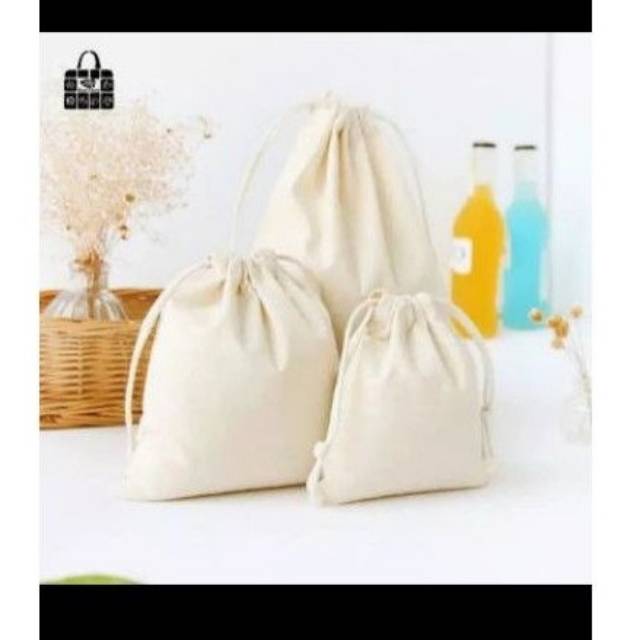 Kantong serut drawstring pouch blacu belacu ready banyak ukuran