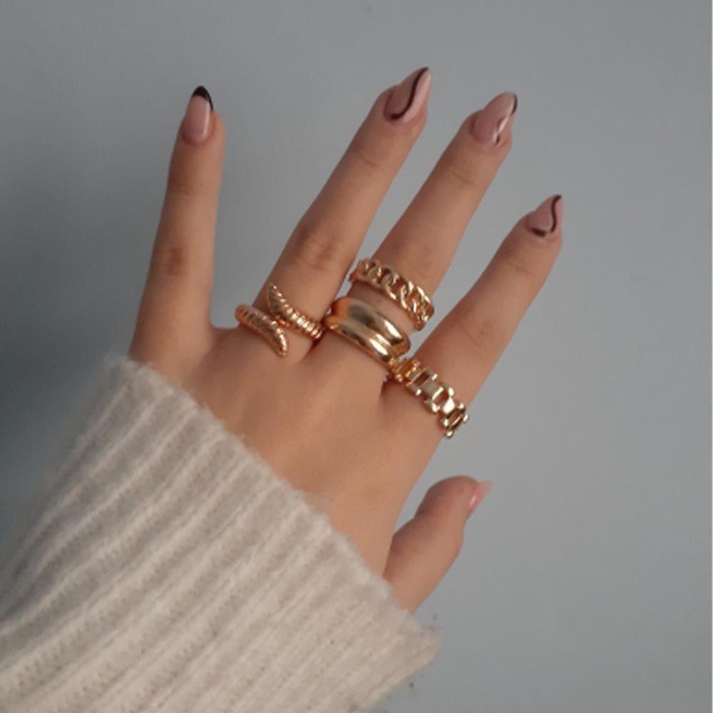 Agustina Wanita Pembukaan Cincin 4Pcs/set Punk Irregular Geometris Kepribadian Temperamen Rantai