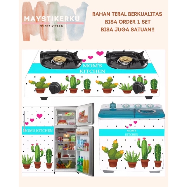 STIKER KULKAS 1 PINTU DAN 2 PINTU ATAU 1 SET (KULKAS+MESIN CUCI+KOMPOR) MOTIF KAKTUS LIST BIRU