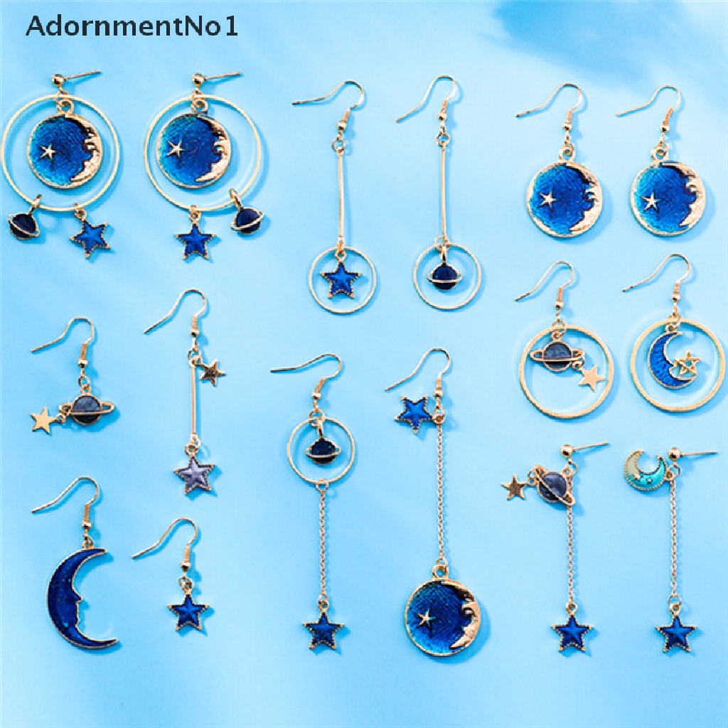 (AdornmentNo1) Anting Gantung Panjang Tusuk Motif Bulan + Bintang + Planet Biru Untuk Perhiasan Wanita