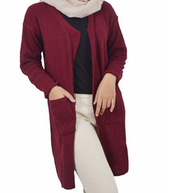 Syasweater - CARDIGAN PANJANG WANITA BELLE OVERSIZE Cardigan Wanita-Maroon