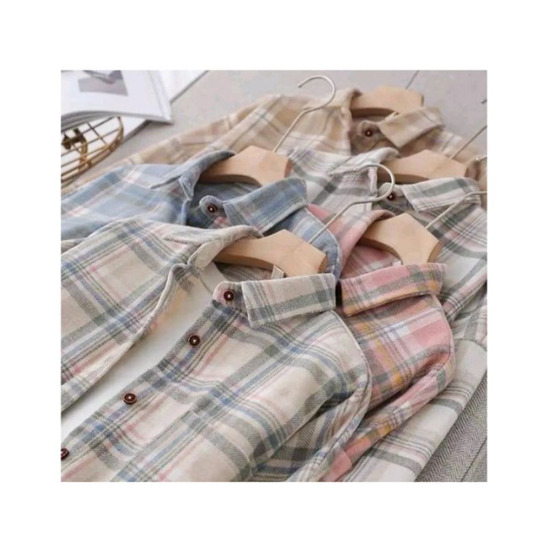 Kemeja Flanel Lengan Panjang Wanita Pria Hem Kotak-Kotak