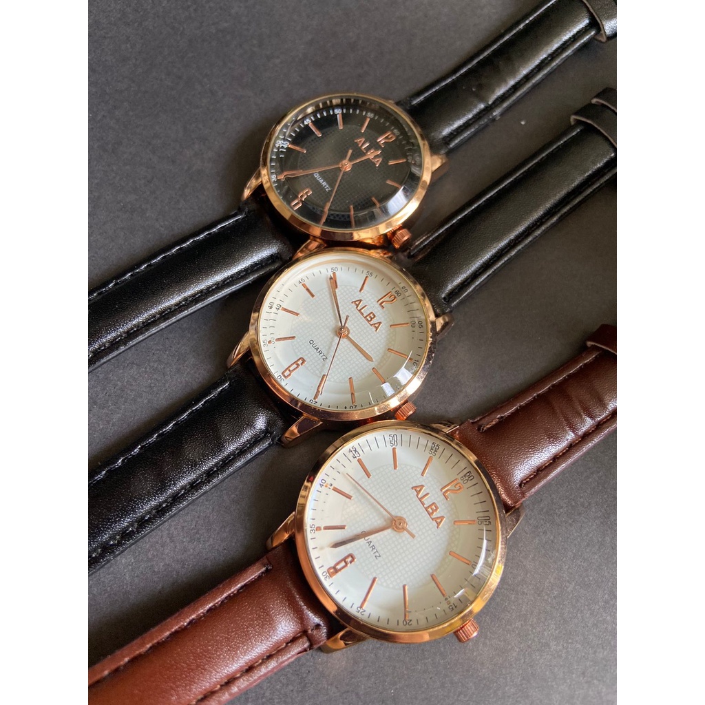 Jam Tangan ALB RUMI Quartz Analog Wanita Pria Tampilan Retro Bentuk Bulat Tali Kulit PU