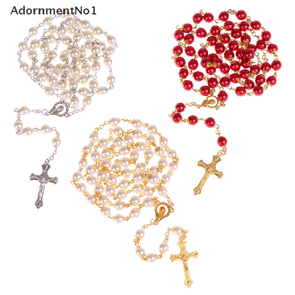 (AdornmentNo1) Kalung Rosario Katolik Rantai Panjang Dengan Liontin Salib Yesus + Mutiara