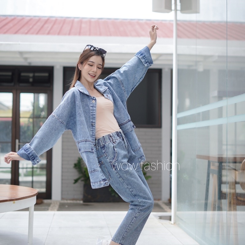 WOW-Flo Namira Jaket Jeans Oversize // Jaket Jeans Wanita // Jaket Jeans Panjang