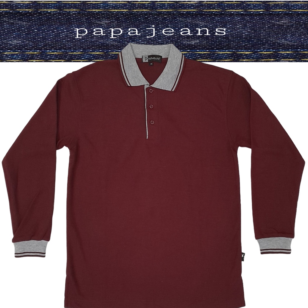 Kaos Kerah Polo Shirt Lengan Panjang Papa Jeans Maron Kombinasi