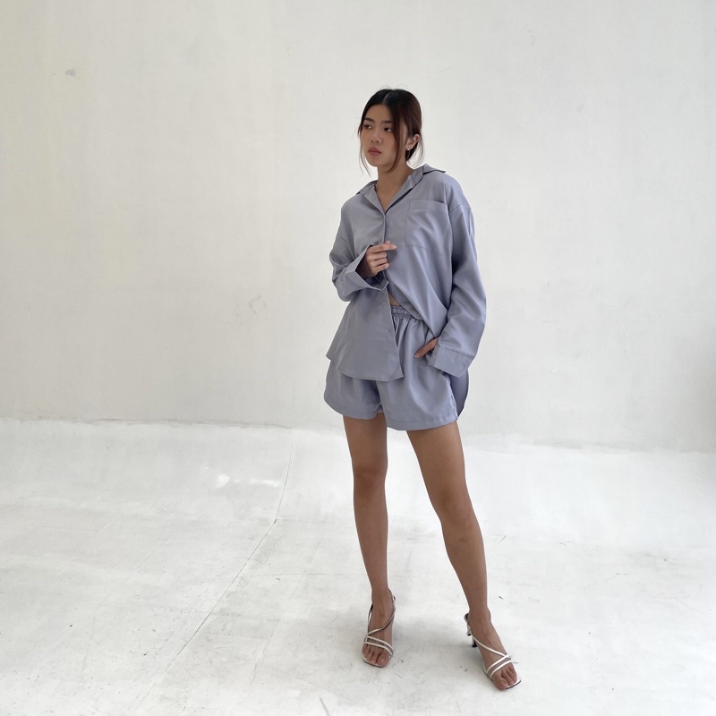 BLANC SET | Set Kemeja Wanita Panjang Setelan Celana Pendek Highwaist Short Oversized Korean Outer Shirt