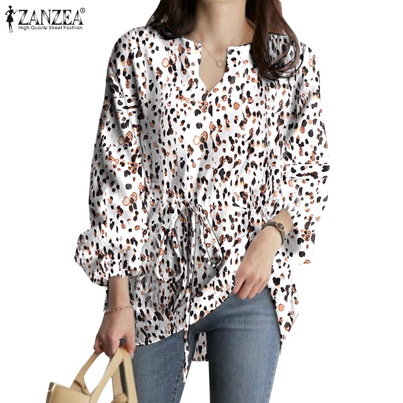 ZANZEA Women Fashion Long Flare Sleeve Drawstring Waist Casual Blouse