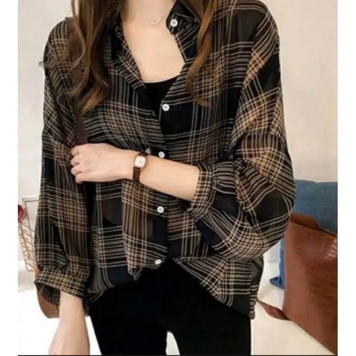KEMAJA Guilen shirt atasan wanita kotak kotak / kemaja guilen tangan balon korean style