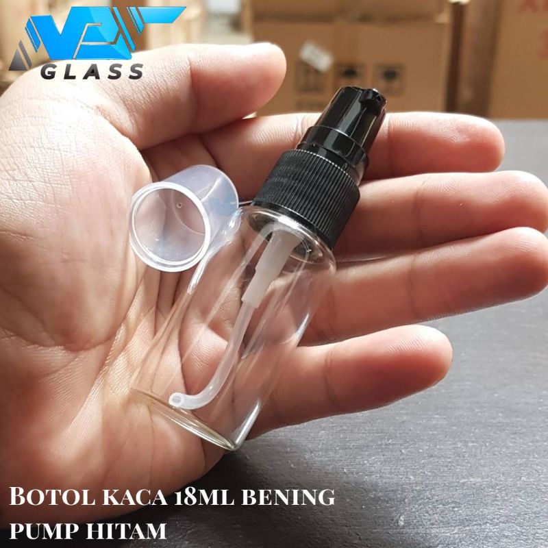 botol kaca 18/20ml bening pump hitam / botol kaca 18ml pump treatment