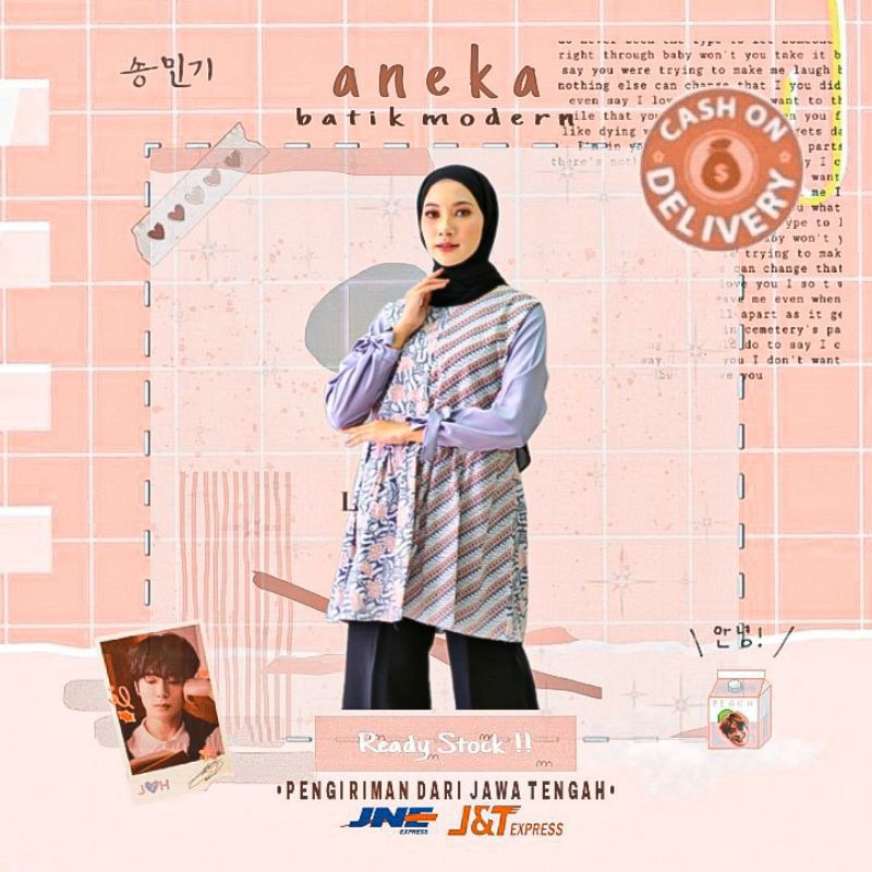 ATASAN BAJU BATIK WANITA MUSLIM LENGAN PANJANG WARNA KOMBINASI LAVENDER LILAC PEACH PINK KANTOR