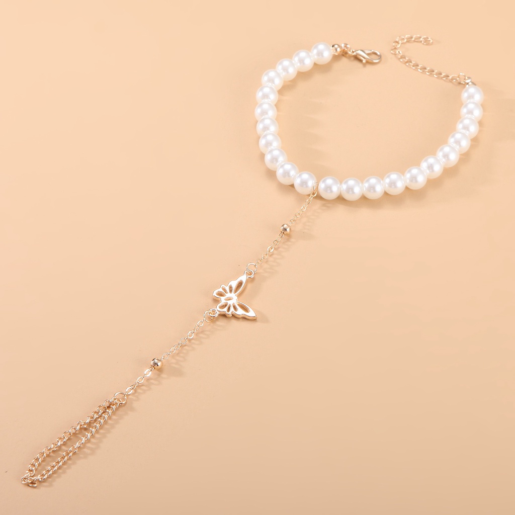 Gelang Rantai Cincin Desain Kupu-Kupu Aksen Mutiara Gaya Hip Hop