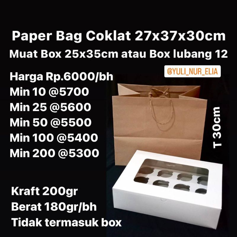 

Paper Bag Coklat 27x37x30cm Muat Box 25x35cm atau Box cupcake lubang 12